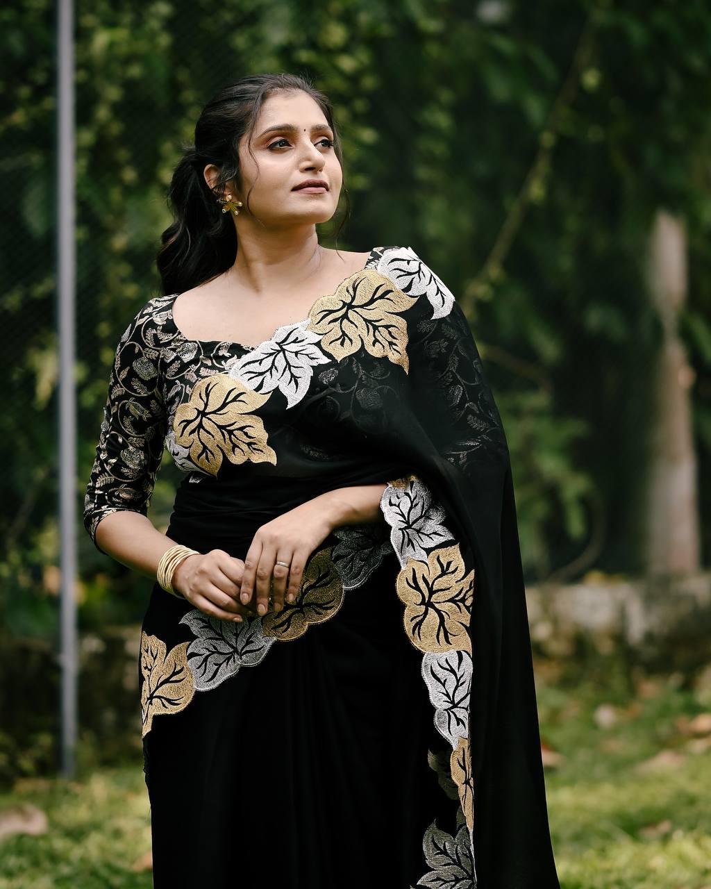 Teeya Creation Black Color Satin Chinon Silk Embroidery Work Saree