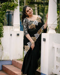 Teeya Creation Black Color Satin Chinon Silk Embroidery Work Saree