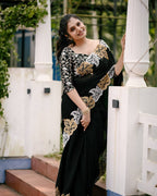 Teeya Creation Black Color Satin Chinon Silk Embroidery Work Saree