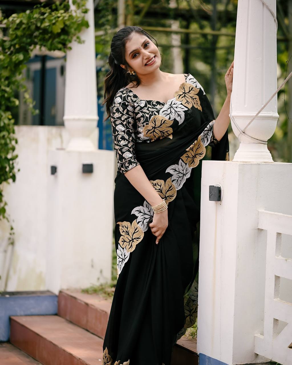 Teeya Creation Black Color Satin Chinon Silk Embroidery Work Saree