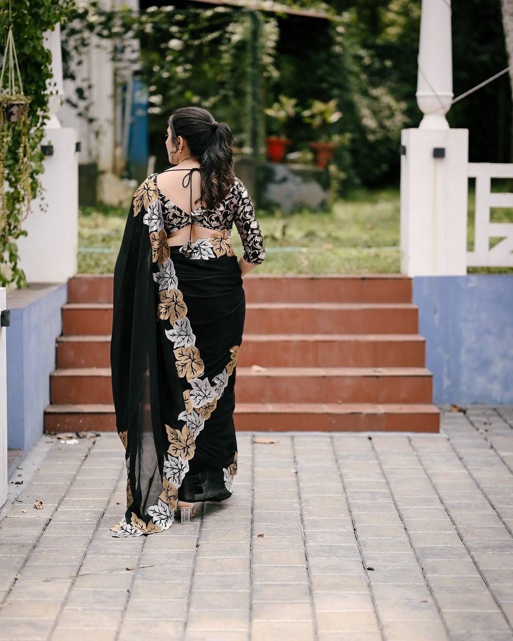 Teeya Creation Black Color Satin Chinon Silk Embroidery Work Saree