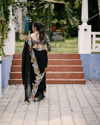 Teeya Creation Black Color Satin Chinon Silk Embroidery Work Saree