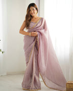 Teeya Creation Onion Pink Color Gold Crush Lace Border Ready to Wear Saree