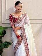 Teeya Creation White Color Banarasi Crush Silk Heavy Lace Work Saere