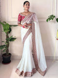 Teeya Creation White Color Banarasi Crush Silk Heavy Lace Work Saere