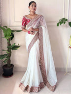 Teeya Creation White Color Banarasi Crush Silk Heavy Lace Work Saere