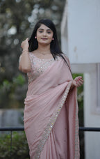Teeya Creation Peach Platinum Crush Silk Embroidery With Real Mirror Work Saree
