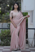 Teeya Creation Peach Platinum Crush Silk Embroidery With Real Mirror Work Saree