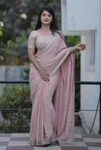 Teeya Creation Peach Platinum Crush Silk Embroidery With Real Mirror Work Saree