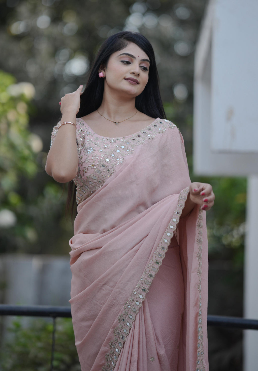 Teeya Creation Peach Platinum Crush Silk Embroidery With Real Mirror Work Saree
