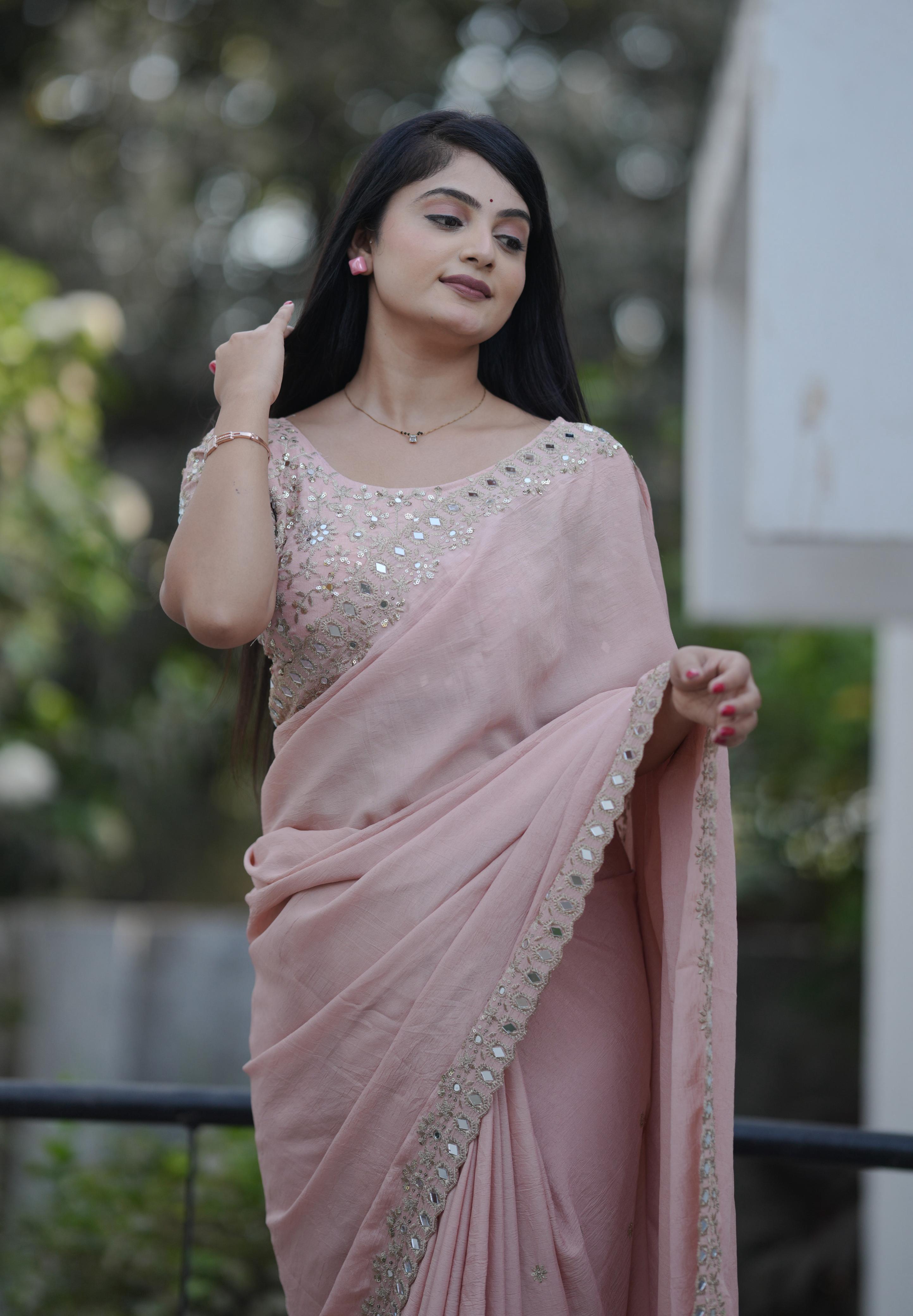 Teeya Creation Peach Platinum Crush Silk Embroidery With Real Mirror Work Saree