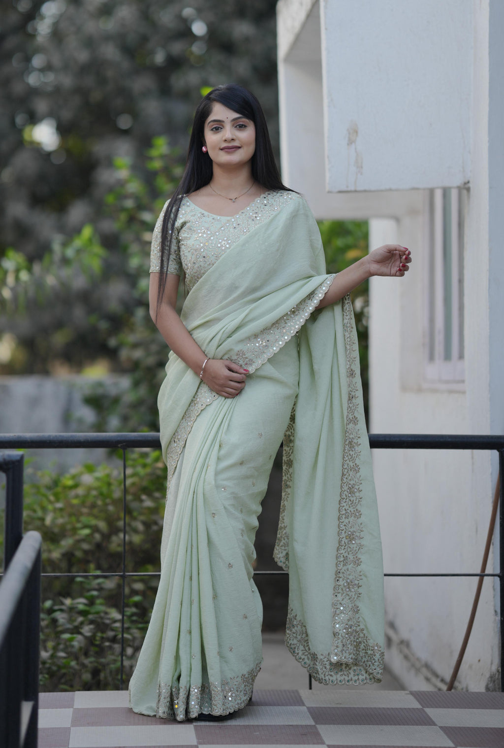 Teeya Creation Pista Platinum Crush Silk Embroidery With Real Mirror Work Saree