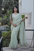 Teeya Creation Pista Platinum Crush Silk Embroidery With Real Mirror Work Saree