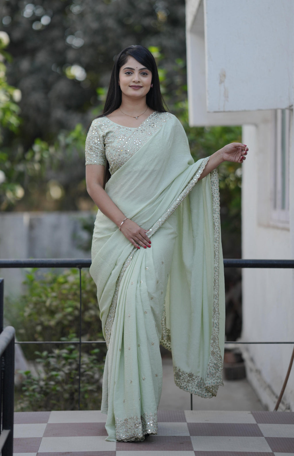 Teeya Creation Pista Platinum Crush Silk Embroidery With Real Mirror Work Saree
