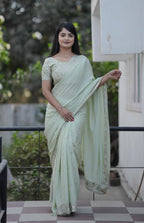 Teeya Creation Pista Platinum Crush Silk Embroidery With Real Mirror Work Saree