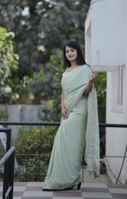 Teeya Creation Pista Platinum Crush Silk Embroidery With Real Mirror Work Saree
