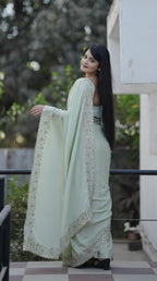 Teeya Creation Pista Platinum Crush Silk Embroidery With Real Mirror Work Saree