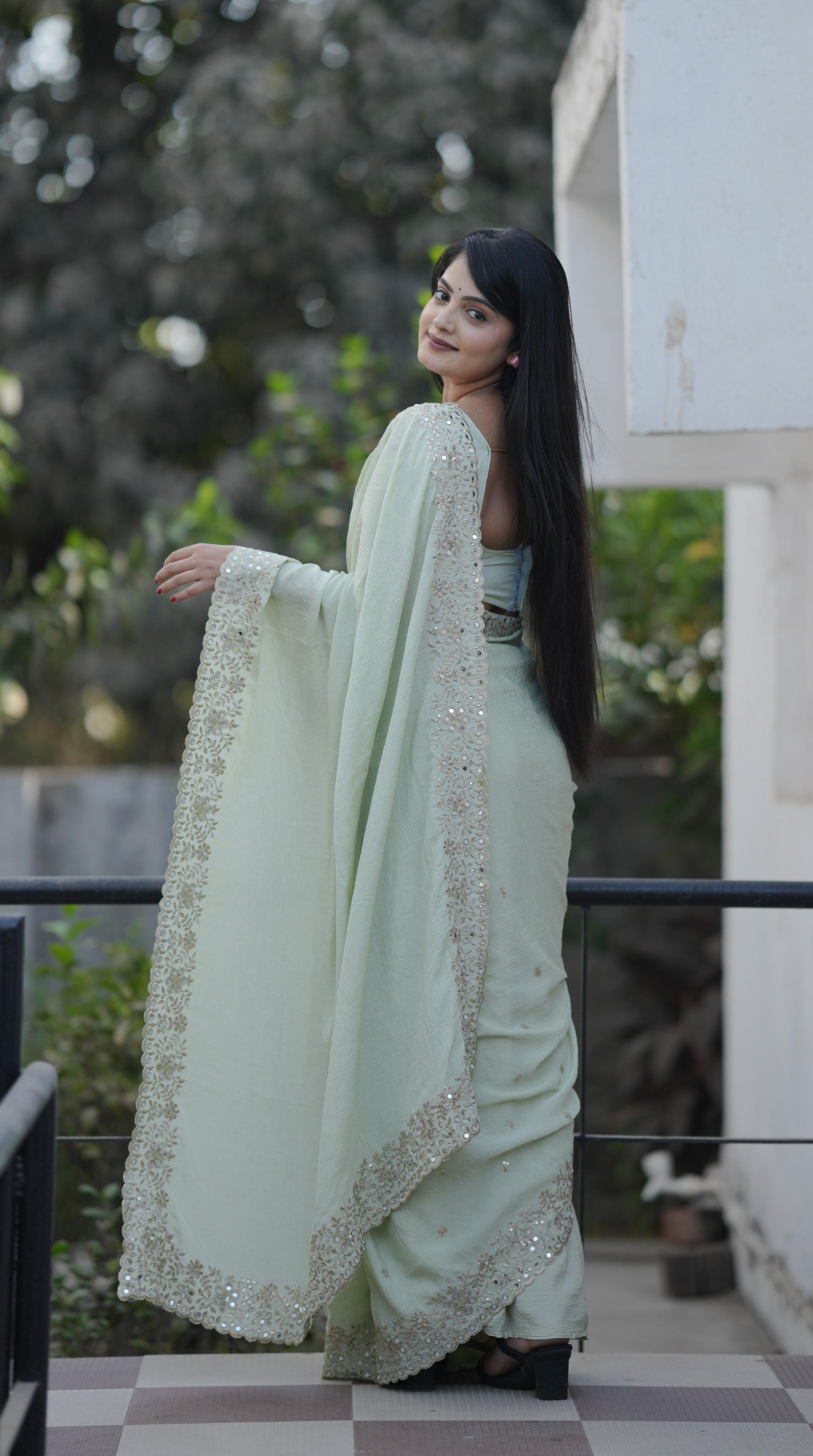 Teeya Creation Pista Platinum Crush Silk Embroidery With Real Mirror Work Saree