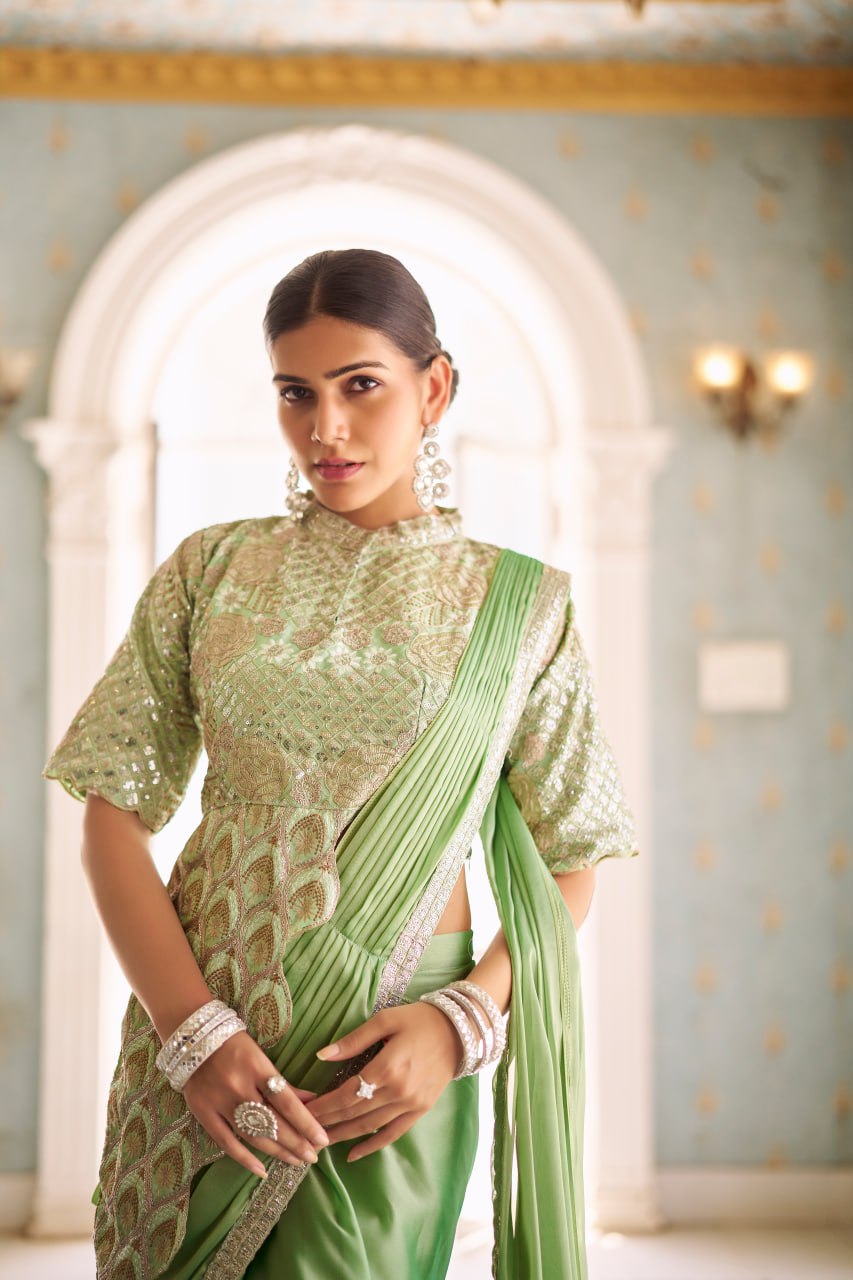 Teeya Creation Green Color Chinnon Silk Embroidery Work Ready To Wear Saree With Stitched blouse - Distacart