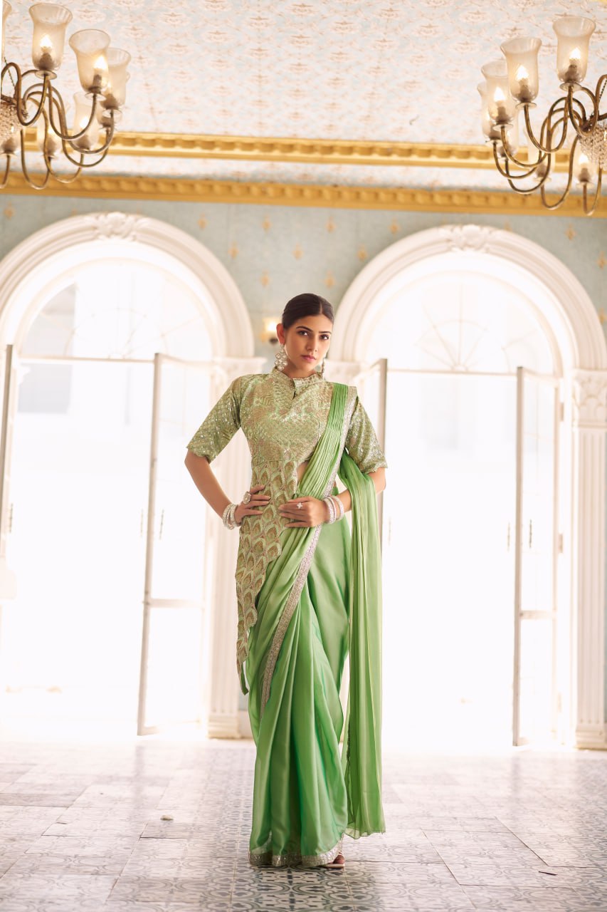 Teeya Creation Green Color Chinnon Silk Embroidery Work Ready To Wear Saree With Stitched blouse - Distacart