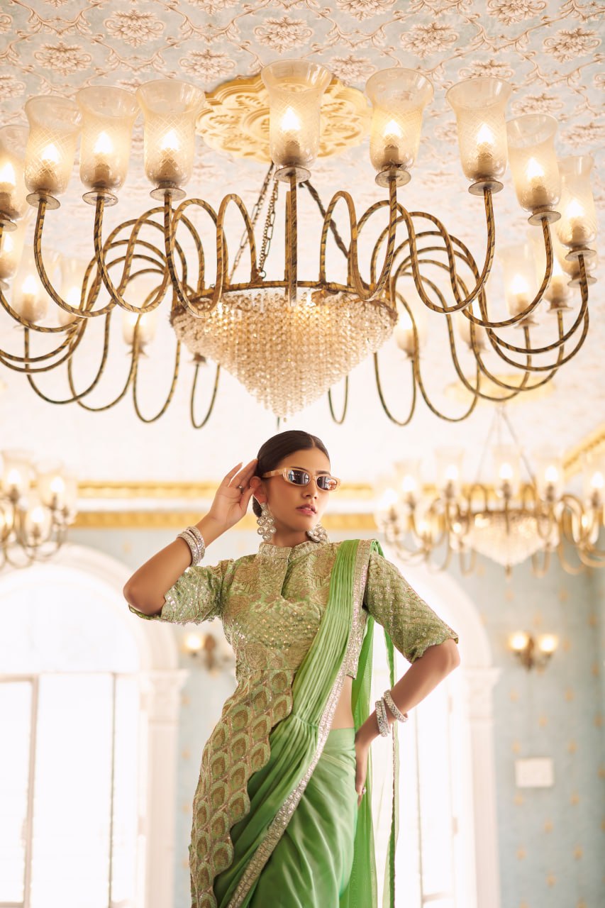 Teeya Creation Green Color Chinnon Silk Embroidery Work Ready To Wear Saree With Stitched blouse - Distacart