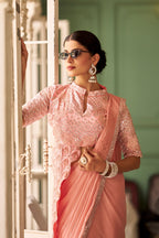 Teeya Creation Peach Color Chinnon Silk Embroidery Work Ready To Wear Saree With Stitched blouse - Distacart
