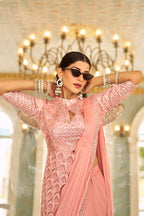 Teeya Creation Peach Color Chinnon Silk Embroidery Work Ready To Wear Saree With Stitched blouse - Distacart