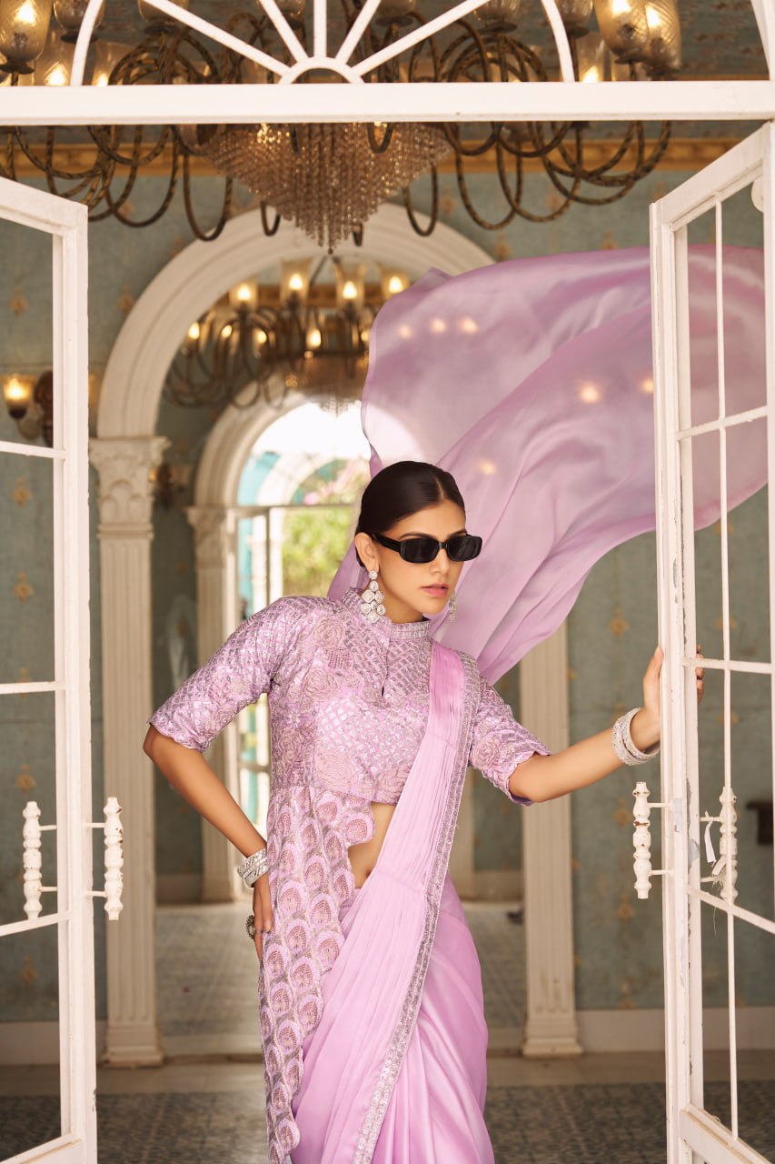 Teeya Creation Pink Color Chinnon Silk Embroidery Work Ready To Wear Saree With Stitched blouse
