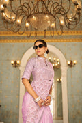Teeya Creation Pink Color Chinnon Silk Embroidery Work Ready To Wear Saree With Stitched blouse