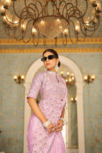 Teeya Creation Pink Color Chinnon Silk Embroidery Work Ready To Wear Saree With Stitched blouse