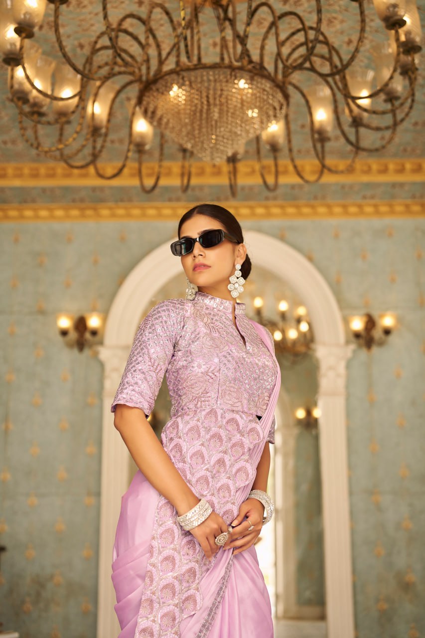 Teeya Creation Pink Color Chinnon Silk Embroidery Work Ready To Wear Saree With Stitched blouse