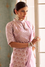 Teeya Creation Pink Color Chinnon Silk Embroidery Work Ready To Wear Saree With Stitched blouse