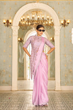Teeya Creation Pink Color Chinnon Silk Embroidery Work Ready To Wear Saree With Stitched blouse