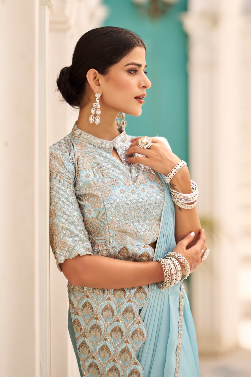 Teeya Creation Sky Color Chinnon Silk Embroidery Work Ready To Wear Saree With Stitched blouse - Distacart