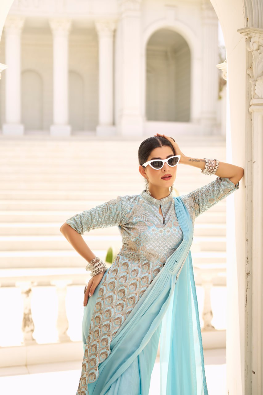 Teeya Creation Sky Color Chinnon Silk Embroidery Work Ready To Wear Saree With Stitched blouse - Distacart
