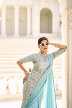 Teeya Creation Sky Color Chinnon Silk Embroidery Work Ready To Wear Saree With Stitched blouse - Distacart