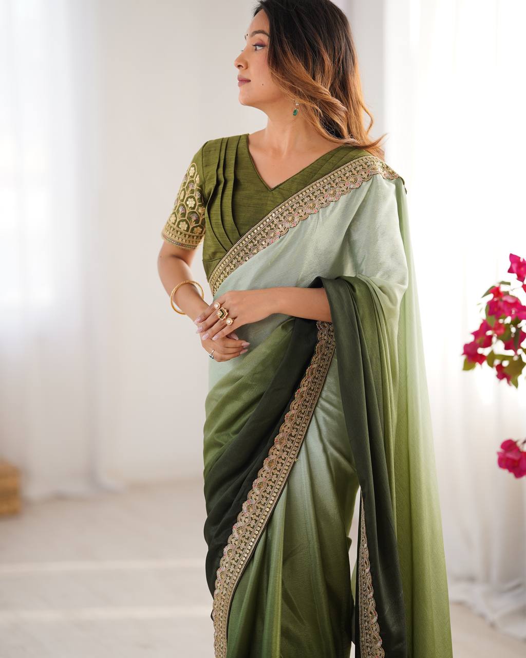 Teeya Creation Multi Color Chinnon Silk Embroidery Work Saree