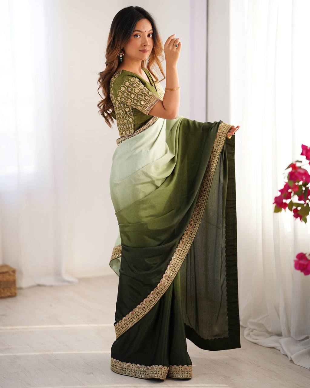 Teeya Creation Multi Color Chinnon Silk Embroidery Work Saree