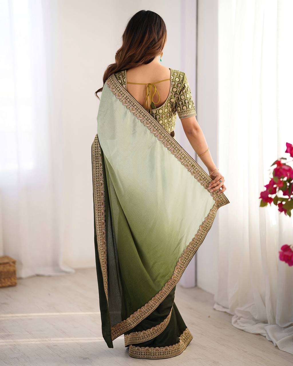 Teeya Creation Multi Color Chinnon Silk Embroidery Work Saree