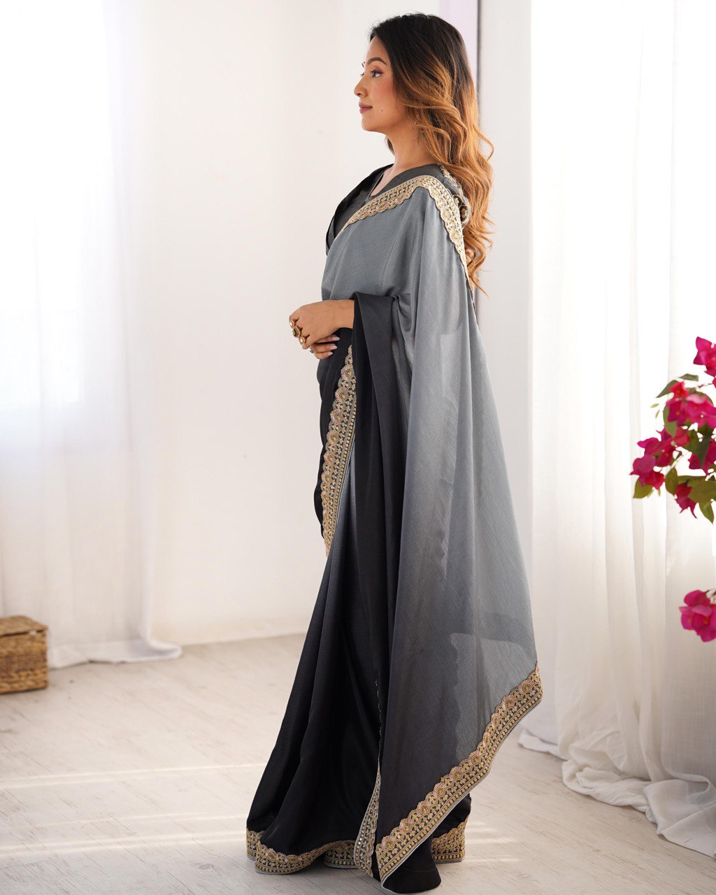Teeya Creation Multi Color Chinnon Silk Embroidery Work Saree