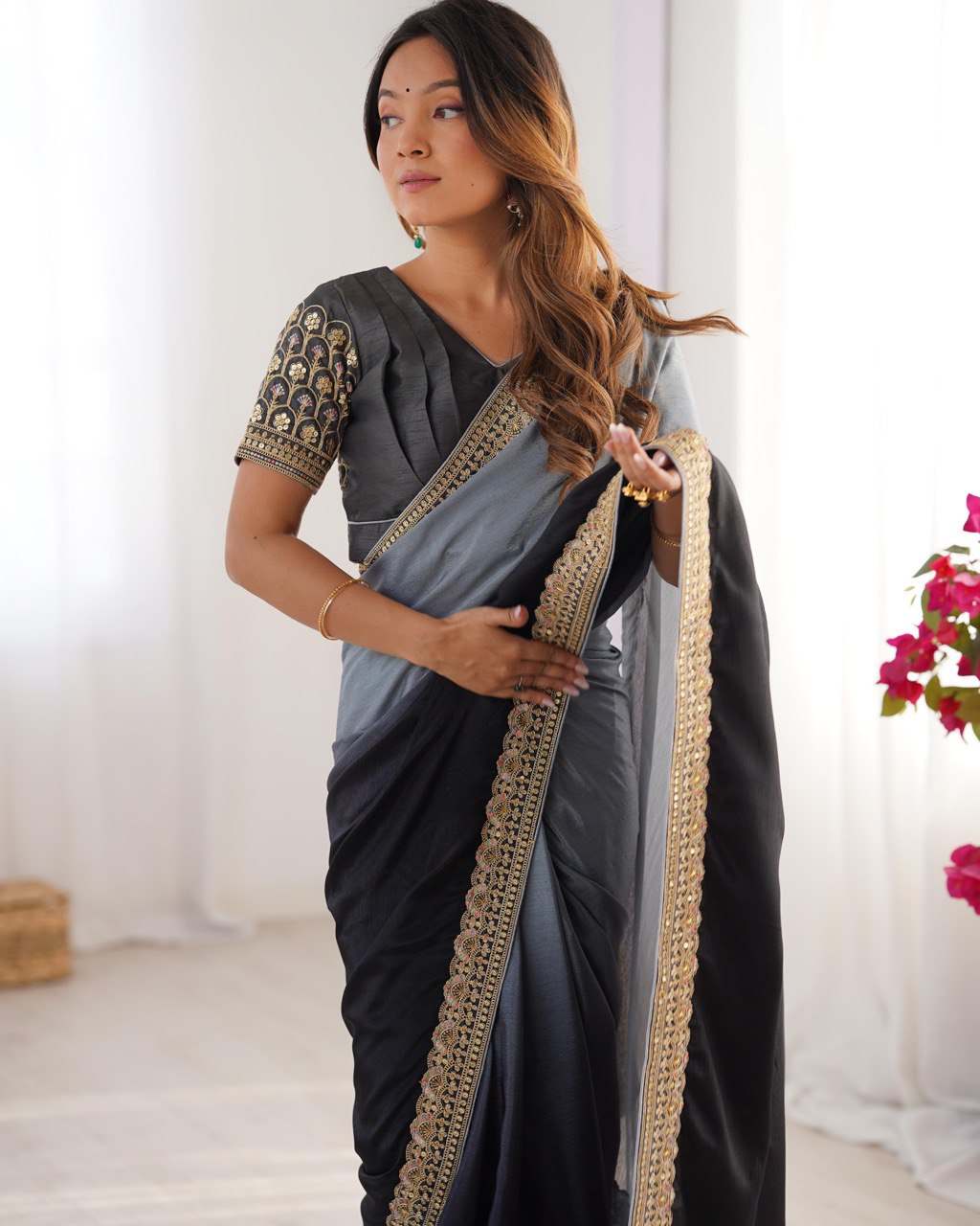 Teeya Creation Multi Color Chinnon Silk Embroidery Work Saree