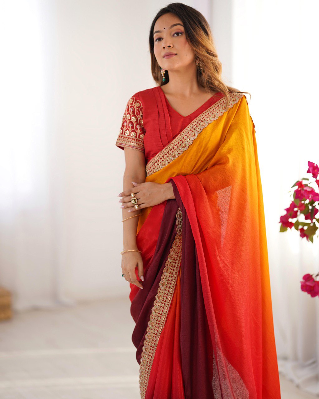 Teeya Creation Multi Color Chinnon Silk Embroidery Work Saree