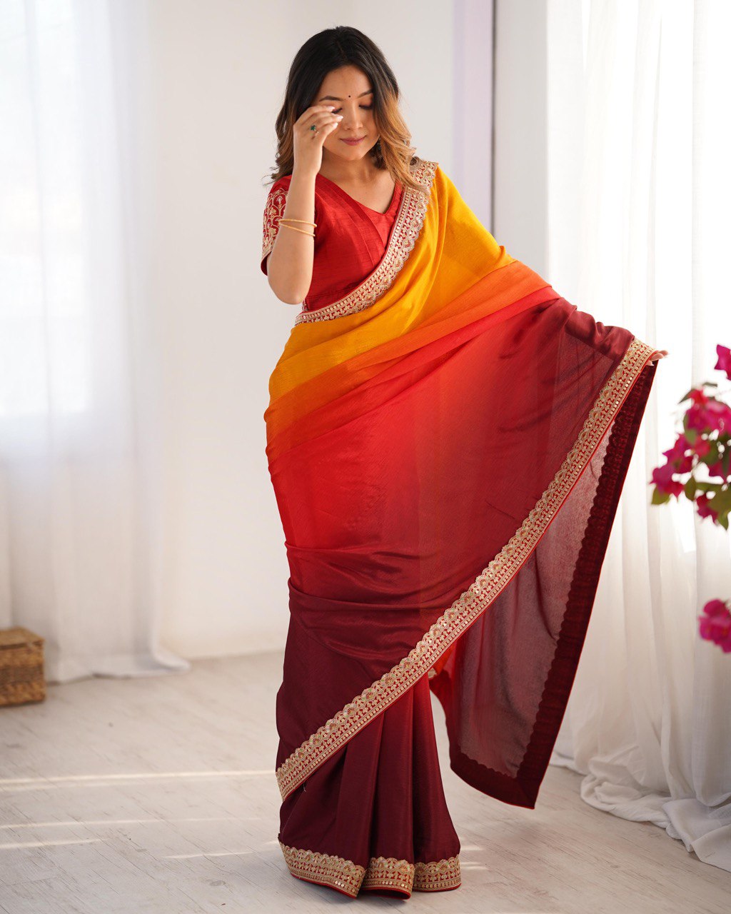 Teeya Creation Multi Color Chinnon Silk Embroidery Work Saree