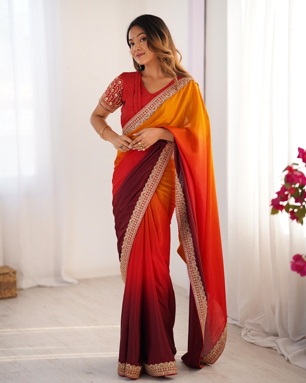Teeya Creation Multi Color Chinnon Silk Embroidery Work Saree