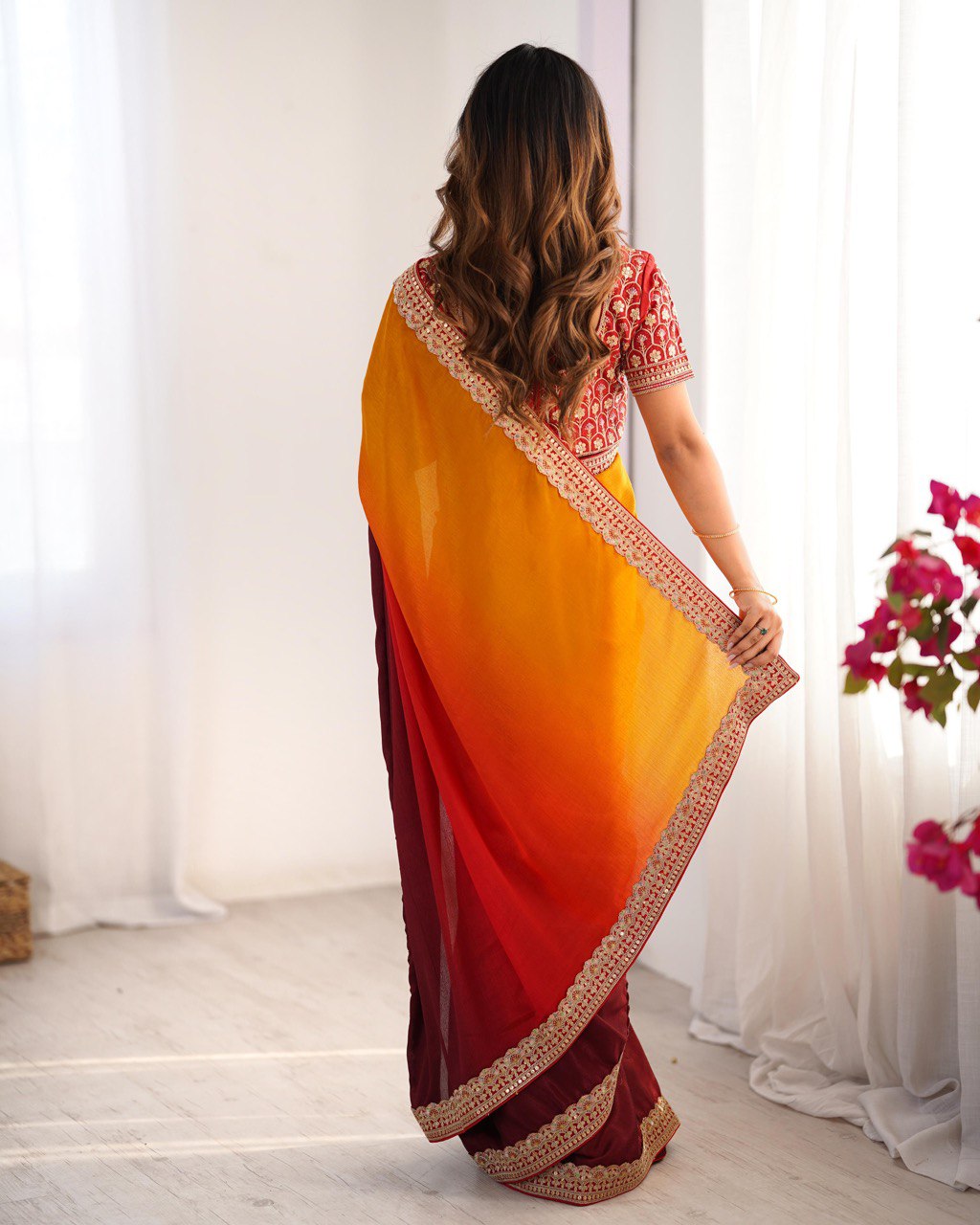 Teeya Creation Multi Color Chinnon Silk Embroidery Work Saree