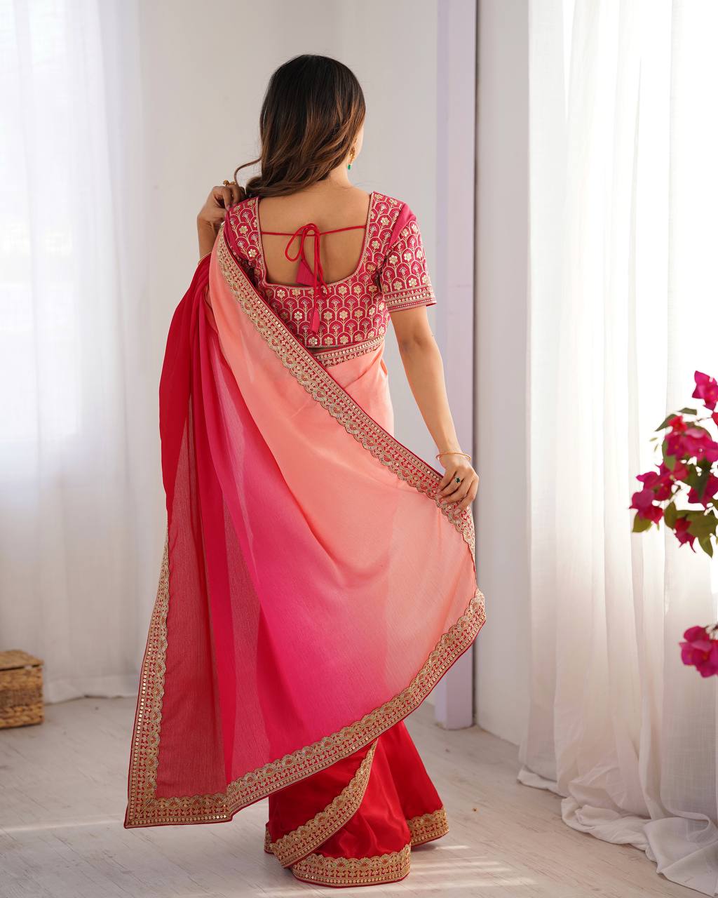 Teeya Creation Multi Color Chinnon Silk Embroidery Work Saree