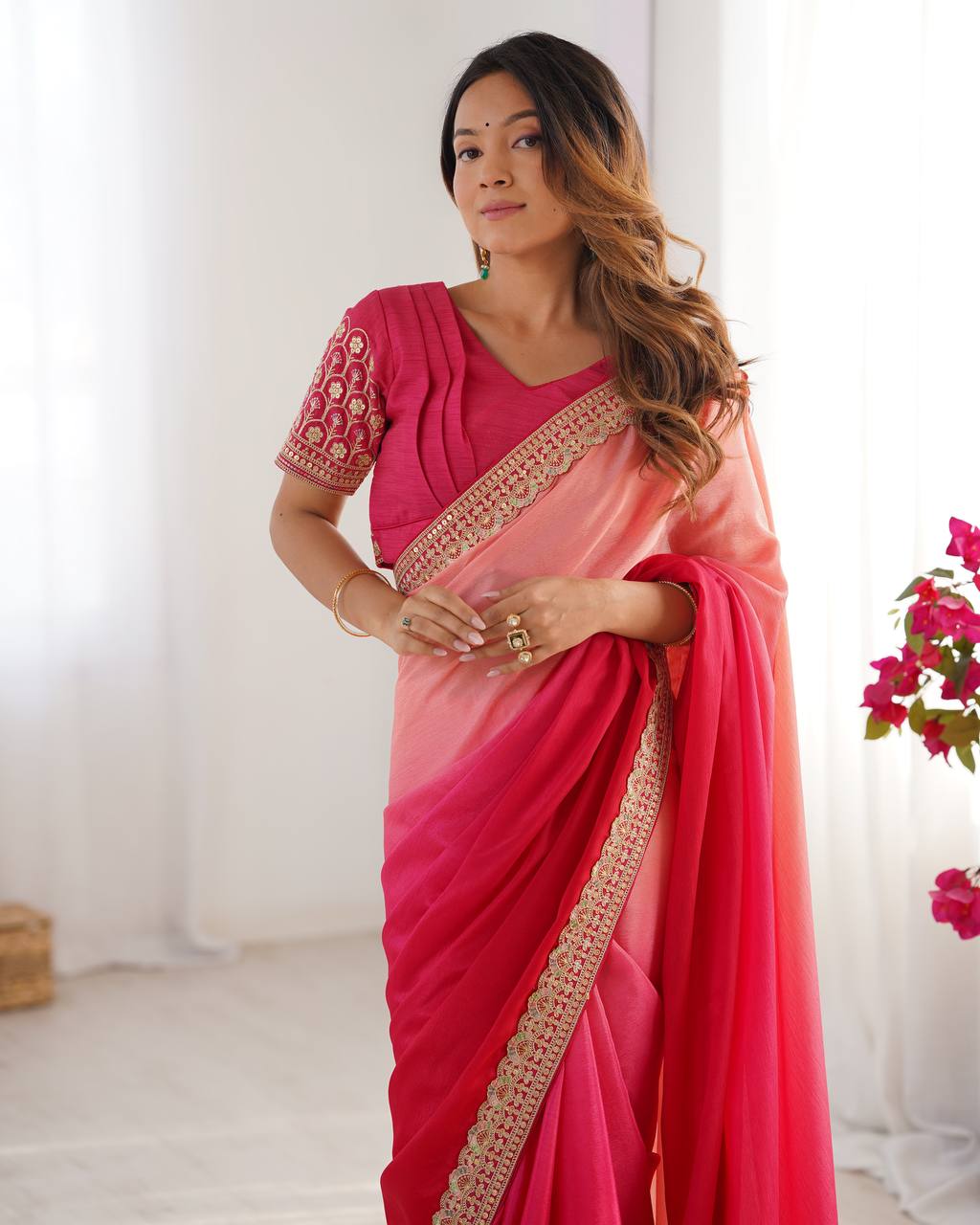 Teeya Creation Multi Color Chinnon Silk Embroidery Work Saree