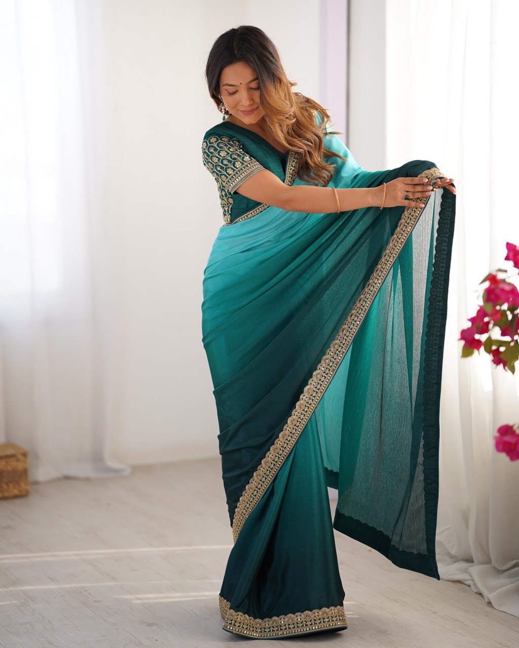 Teeya Creation Multi Color Chinnon Silk Embroidery Work Saree