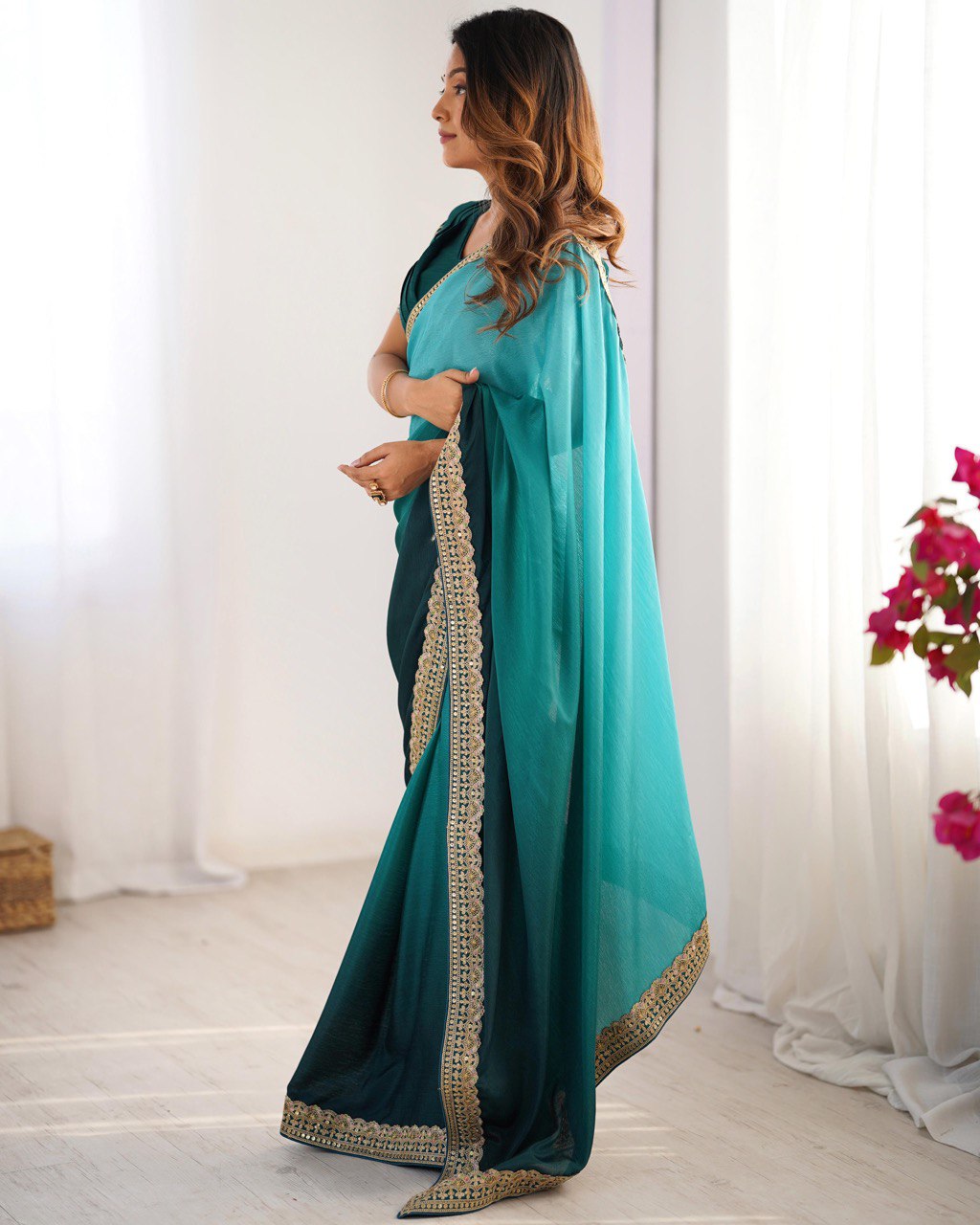 Teeya Creation Multi Color Chinnon Silk Embroidery Work Saree