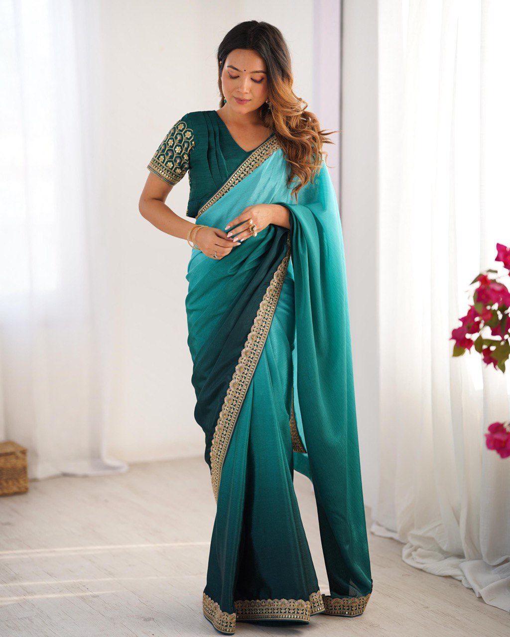 Teeya Creation Multi Color Chinnon Silk Embroidery Work Saree